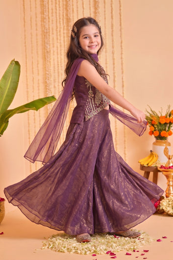 Baby Lavender Silk Blend Bead Embroidery Work High Low Style Kurta and Palazzo and Net Dupatta Girls Ethnic Wear