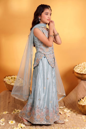 Girls Light Blue Floral Embroidered 3-Piece Indo Western Set- Embroidered Top, Flared Palazzo & Dupatta