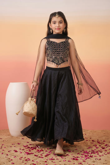 Girls Black Silk Blend Sequin Bead Work Embroidered Crop Top and Palazzo With Inner Top & Dupatta Set For Festive Wear