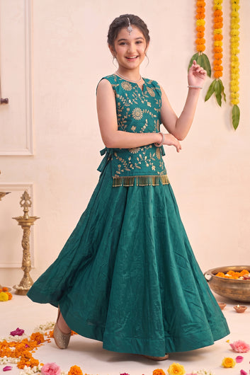 Girl's Rama Silk Blend Embroidered Sleeveless Top Style Choli and Inner Top with Flared Lehenga For Traditional Look
