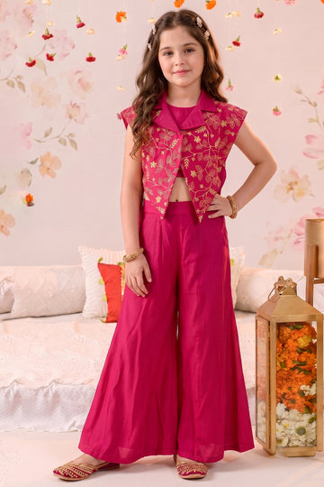 Girls Pink Silk Blend Floral Embroidered Crop Top Inner and Jacket with Palazzo For Ethnic Look