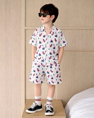 Boys White Cotton Blend Animal Motifs Printed Shirts and Shorts Set For Summer Trend