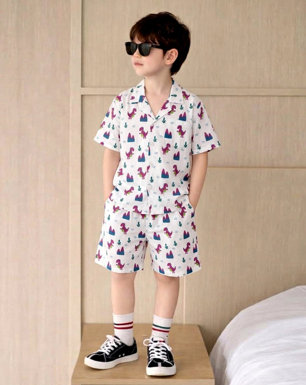 Boys White Cotton Blend Animal Motifs Printed Shirts and Shorts Set For Summer Trend