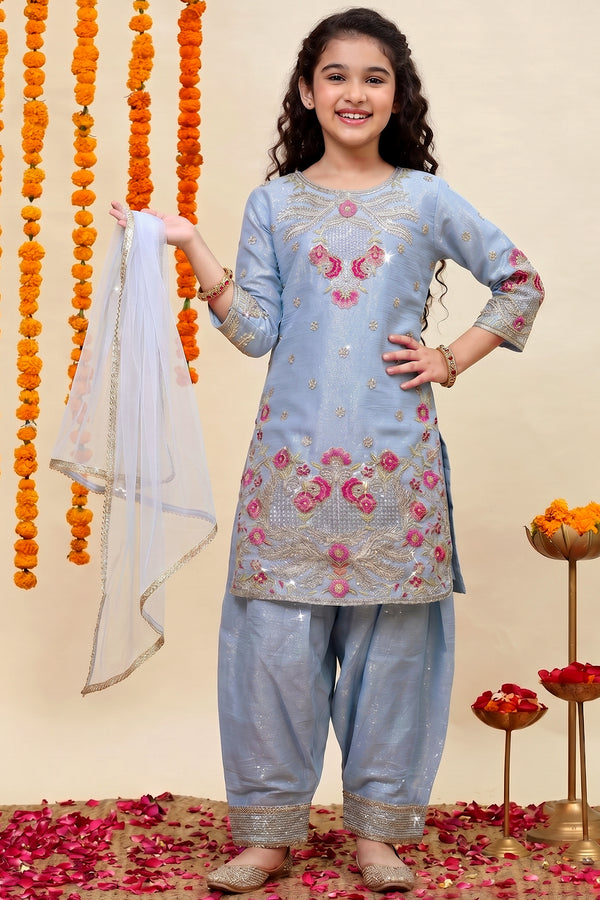 Girls Sky Blue Silk Blend Embroidered Kurta and Salwar with Dupatta Girls Kurta Set