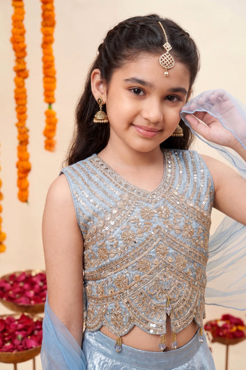 Girls Sky Blue Silk Blend Embroidered Scalloped Hem Top and Flared Palazzo with Dupatta Set