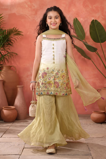 Girls White Silk Blend Sequin Embroidered Kurta and Palazzo with Inner Top, Dupatta Set For Festive Wear