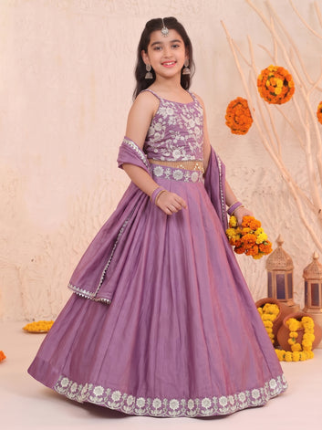 Girls Purple Silk Blend Floral Embroidered Lehenga and Choli With Dupatta Festive Set For Girls