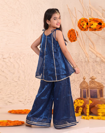 Girls Dark Blue Embroidered Top and Palazzo With Dupatta Set Ethnic outfit for girls