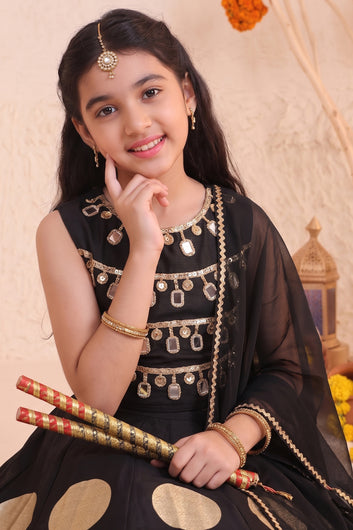 Girls Black Silk Blend Embellished Lehenga and Choli With Dupatta For Festive Wear