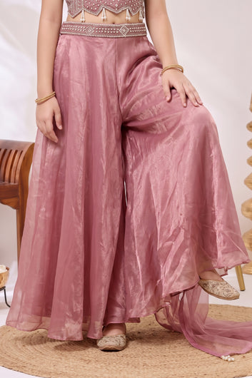 Girls Light Pink Silk Blend Sequin Bead Work Crop Top and Palazzo With Dupatta Set For Stylish Look