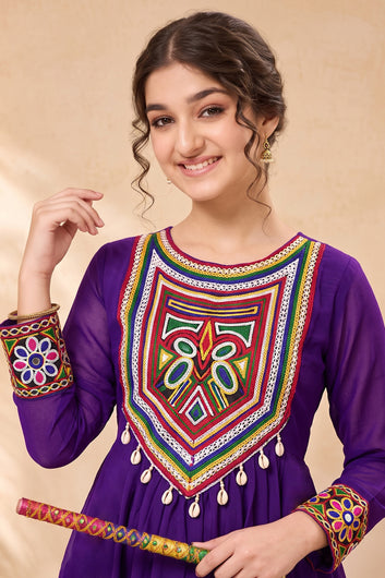 Girls Violet Silk Blend Embroidered A-line Kurta and Palazzo Set For Traditional Look
