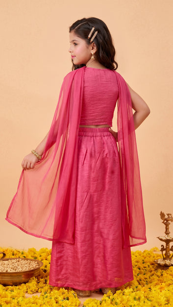 Girls Rani Embroidered Crop Top and Skirt With Dupatta For Festive wear