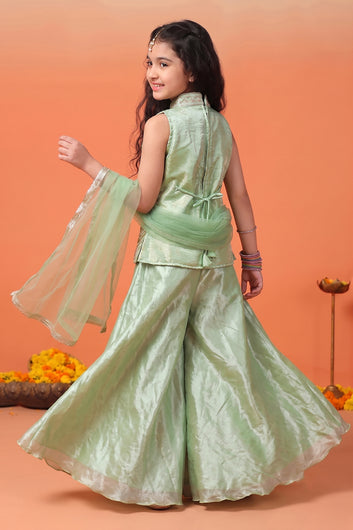 Girls pista Silk Blend Bead work and Embroidered Top and Palazzo with Dupatta Ethnic Set