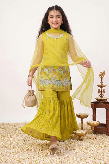 Girls Yellow Silk Blend Floral Embroidered Crop Top and Sharara With Dupatta Set For Trendy Look