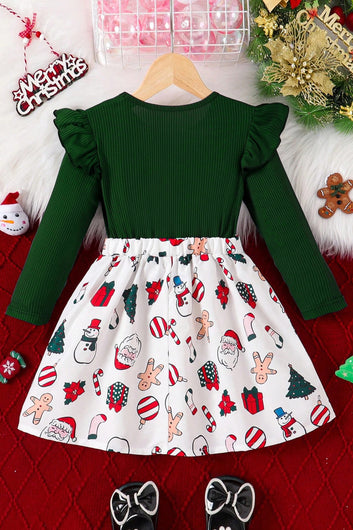 Girls Green Cottton Blend Christmas Printed Fit And Flare Knee Length Dress