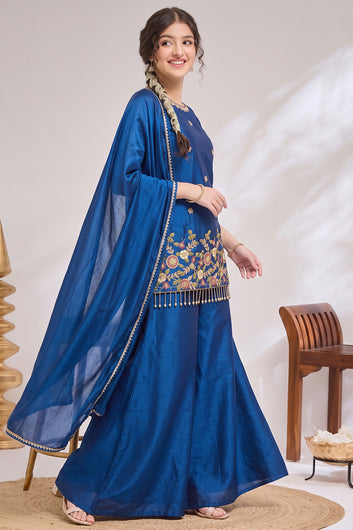Girls Rust Silk Blend Embroidered Kurta and Palazzo With Dupatta Set For Party Wear