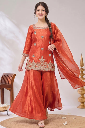 Girls Rust Embroidered Kurta and Palazzo With Dupatta For Festive wear