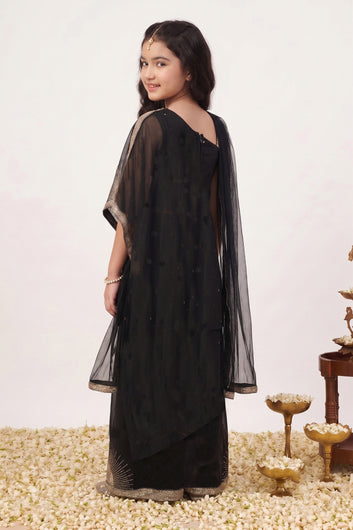 Girls Black Silk Blend Ethnic Motifs Kurta and Palazzo With Dupatta For Asymmetrical Cape-Style kurta Set