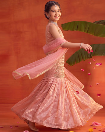 Girls Peach Silk Blend Bead Work Lehenga Coli With Dupatta Ethnic Set