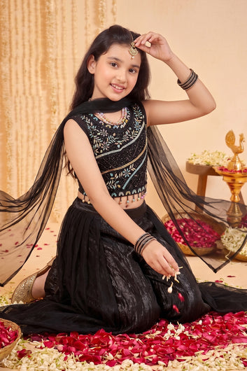 Girls Black Silk Blend Party Wear Sequin Embroidered 3 Picec Palazzo Set - Crop Top, Flared Palazzo & Dupatta