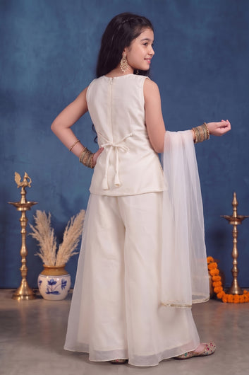 Girls White Silk Blend Embroidered Top and Palazzo With Dupatta Ethnic Set