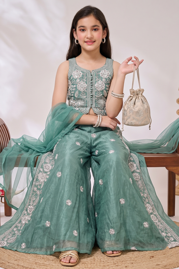 Girls Olive Silk Blend Sequin Bead Work Crop Top and Palazzo With Dupatta Set For Girls