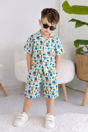 Boys Multicolor Cotton Blend Printed Shirts and Shorts Set For Casual Wear