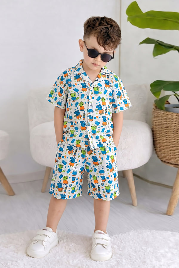 Boys Multicolor Cotton Blend Printed Shirts and Shorts Set For Casual Wear