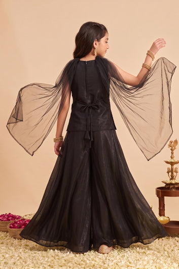 Girls Black Silk Blend Embroidered Top and Palazzo With Dupatta For Trendy Ethnic Set