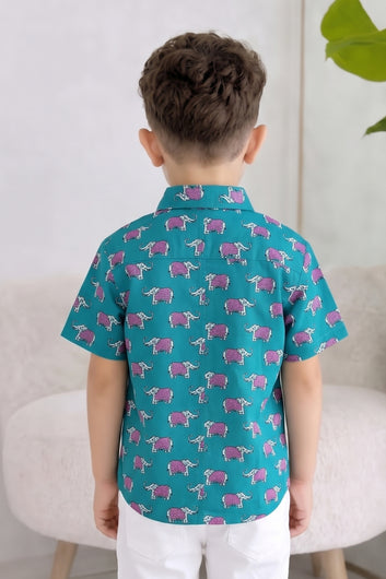 Boys Multicolor Cotton Blend Animal Printed Shirt For Summer Outfit