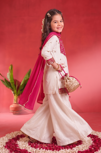 Girls Off White Roman Silk Embroidered Kurta Palazzo Dupatta Girls Ethnic Festive Wear Co Ord Set