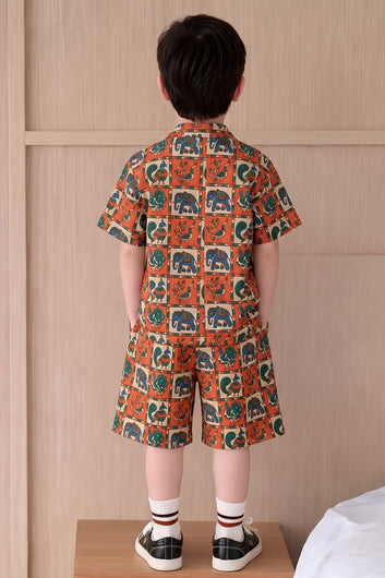 Boys Orange Cotton Blend Animal Motifs Printed Shirt and Shorts For Boys Summer Trend