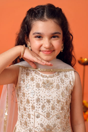 Girls White Silk Blend Embroidered Top and Palazzo With Dupatta Ethnic Set