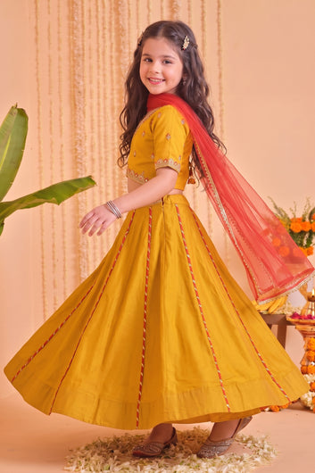 Girls Mustard Roman Silk Embroidered Lehenga Choli With Dupatta Set Traditional 3-Piece Festive Outfit for Kids