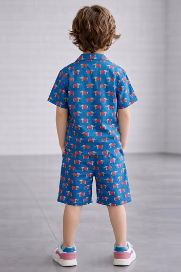 Boys Blue Cotton Blend Animal Printed Shirt and Shorts Set For Apparel Combo