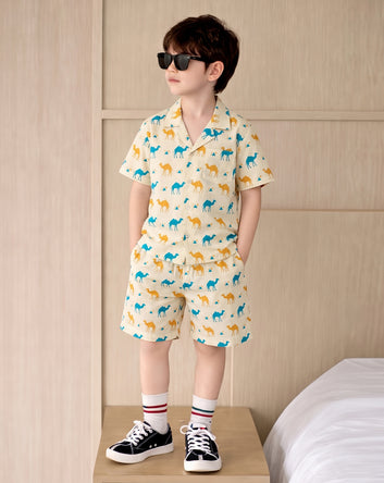 Boys Beige Cotton Blend Animal Motifs Printed Shirt and Shorts For Boys Clothing Set