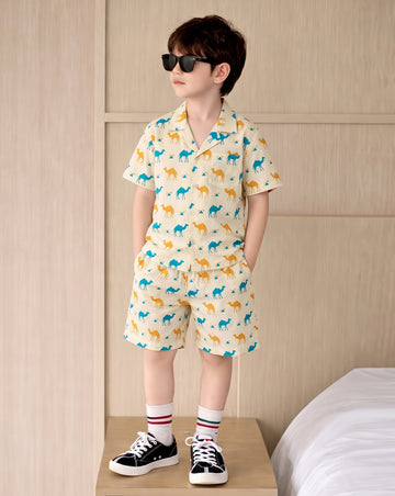 Boys Beige Cotton Blend Animal Motifs Printed Shirt and Shorts For Boys Clothing Set