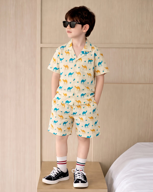 Boys Beige Cotton Blend Animal Motifs Printed Shirt and Shorts For Boys Clothing Set