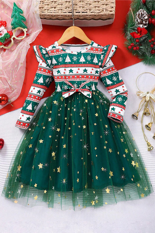 Girls Green Zurick Christmas Gathered Printed A-Line Knee Length Dress