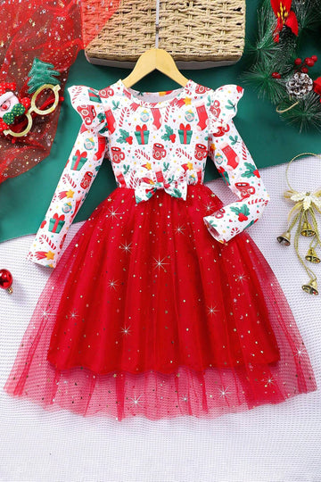 Girls Red Zurick Christmas Gathered Printed A-Line Knee Length Dress