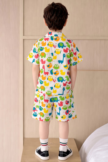 Boys Multicolor Cotton Blend Animal Printed Shirts and Shorts Set For Casual Wear