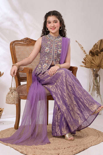 Girls Purple Silk Blend Top And Palazzo With Dupatta Set For Ethnic Wear