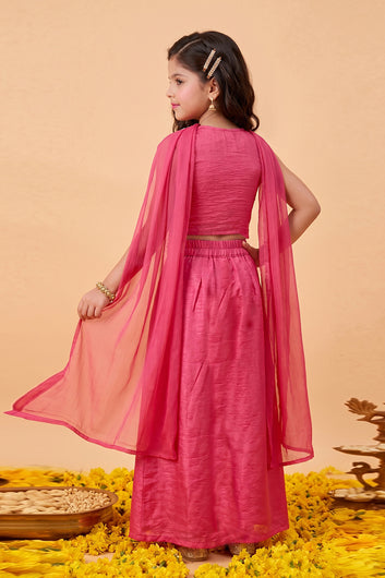 Girls Rani Embroidered Crop Top and Skirt With Dupatta For Festive wear