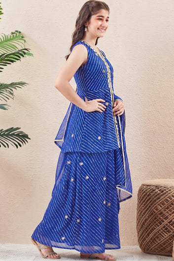 Girls Royal Blue Georgette Floral Embroidered Kurta and Palazzo with Dupatta Set For Girls