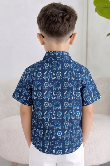 Boys Multicolor Cotton Blend Animal Printed Shirt For Summer Outfit