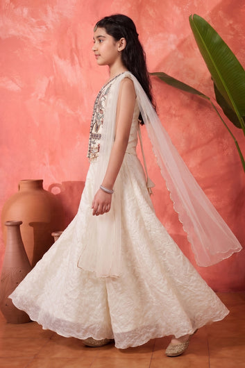 Girls White Silk Blend Floral Embroidered Crop Top and Palazzo With Dupatta Stylish Ethnic Set