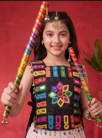 Girls Off white Silk Blend Embellished Lehenga and Choli with Inner Top for traditional Look
