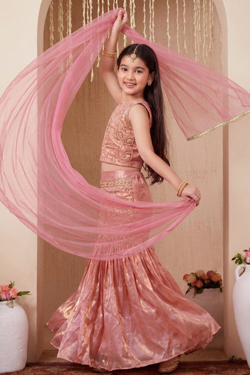Girls Peach Silk Blend Bead Work Lehenga Coli With Dupatta Ethnic Set