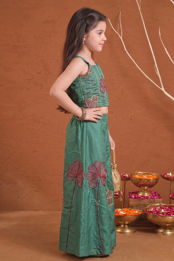Girls Olive Silk Blend Embroidered Crop Top and Palazzo Ethnic Outfit Set