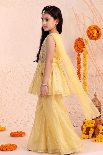 Girls Yellow Silk Blend Festive Wear Palazzo Set with Sequin Bead Embroidery Work - Peplum Kurta, Flared Palazzo & Dupatta